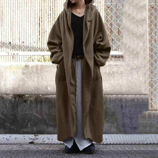 2021 winter fleece outwear zanzea autumn hooded long coat women zipper hoodies long sleeve jackets sweatshirt robe oversized, Black;brown